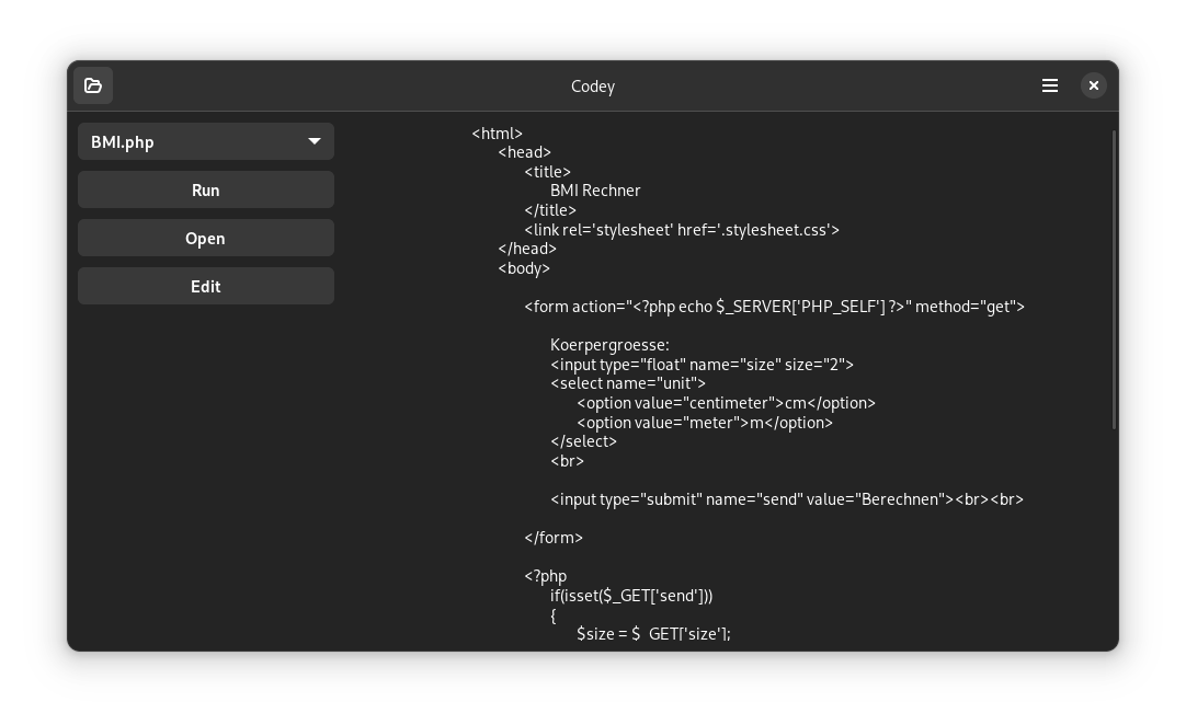 The application window using GTK and Libadwaita UI components ind dark mode. The window shows controls and a file selector on the left side and some source code on the right side.