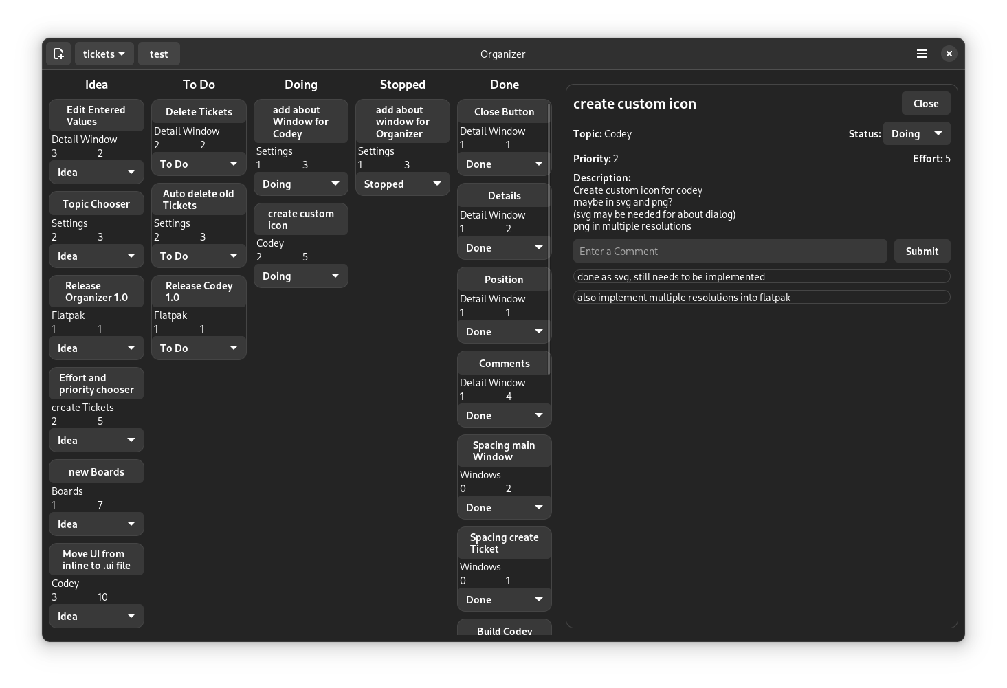 The application window using GTK and Libadwaita UI components ind dark mode. The window shows a Kanban board with different columns and tasks on the left and a detail window of a task on the right side.