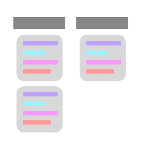 A stylized kanban board with a white background, light grey elements and pastel colored details