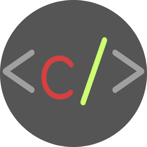 Dark grey circle with the symbols < c / > on top, the < and > are light grey, the c is red and the / is neon green