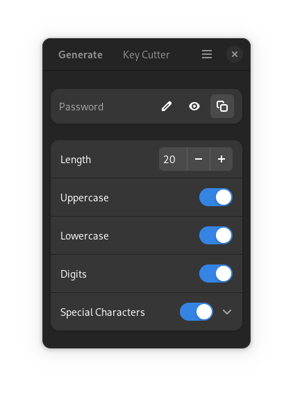 The application window using GTK and Libadwaita UI components ind dark mode. The window is small and vertical and shows the default view of the app with settings that can be set, a password output field and a generate button.